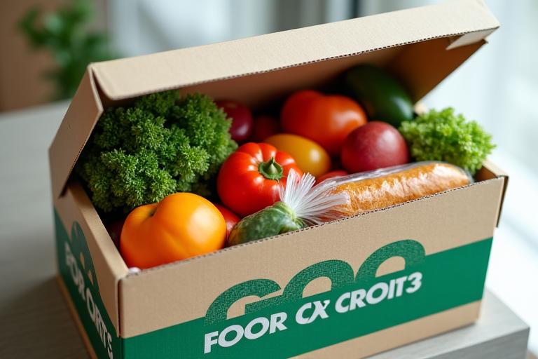 A branded delivery box filled with fresh groceries.